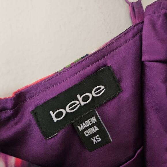 Bebe XS Floral Spaghetti Strap Mini Dress Short Colorful Zip Womens Silk - Picture 4 of 7